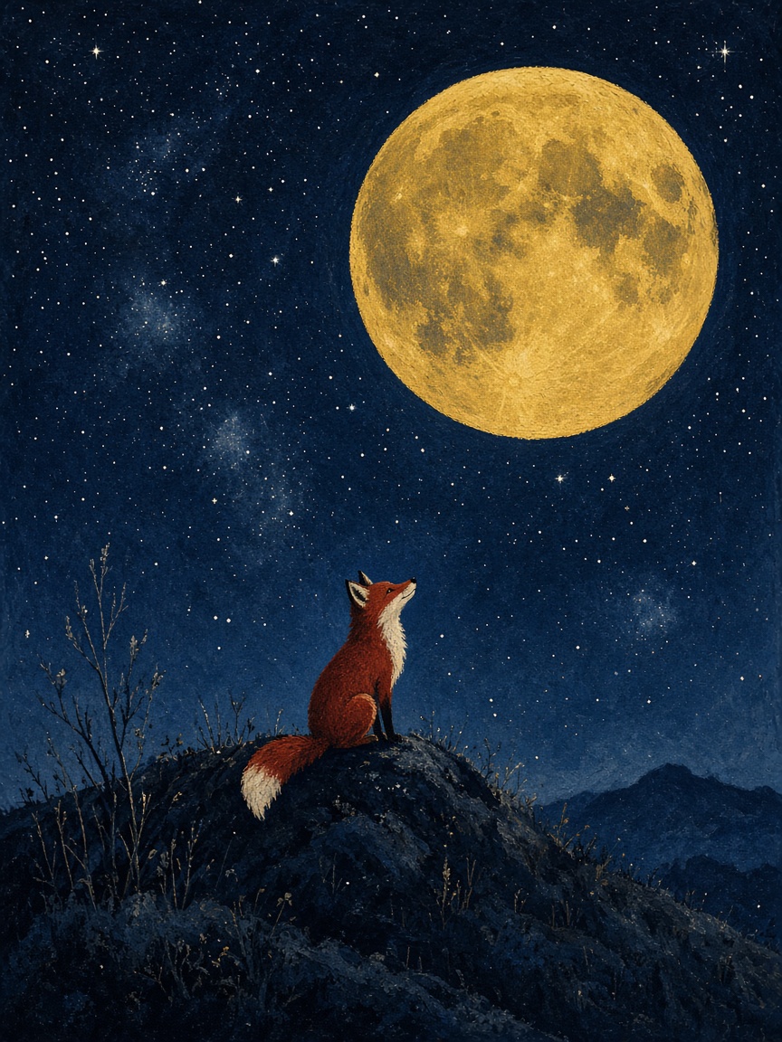 A fox watching the moon over a sleeping forest