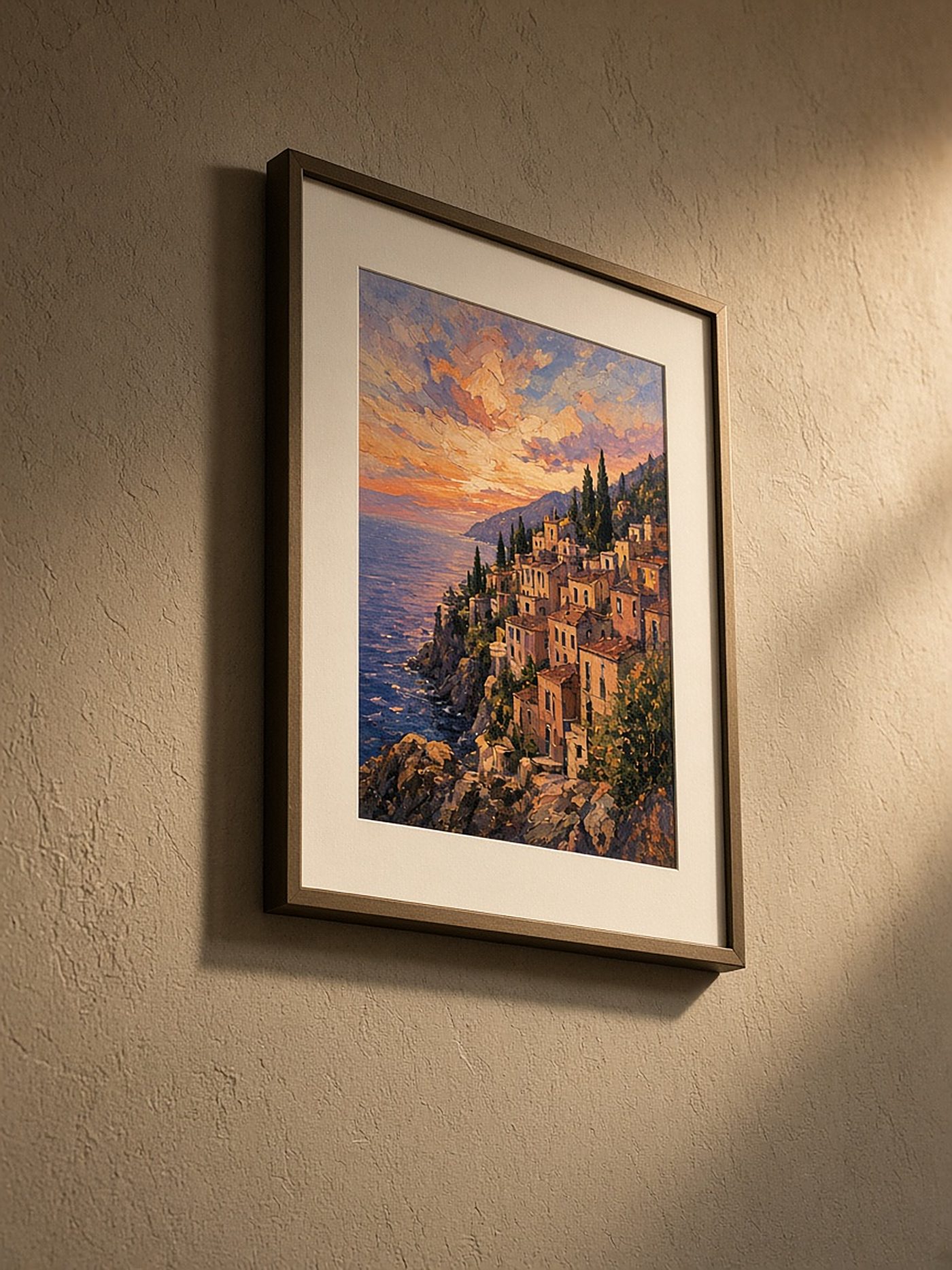 eFrame hanging on a plaster wall with nothing below it: no cord, no outlet