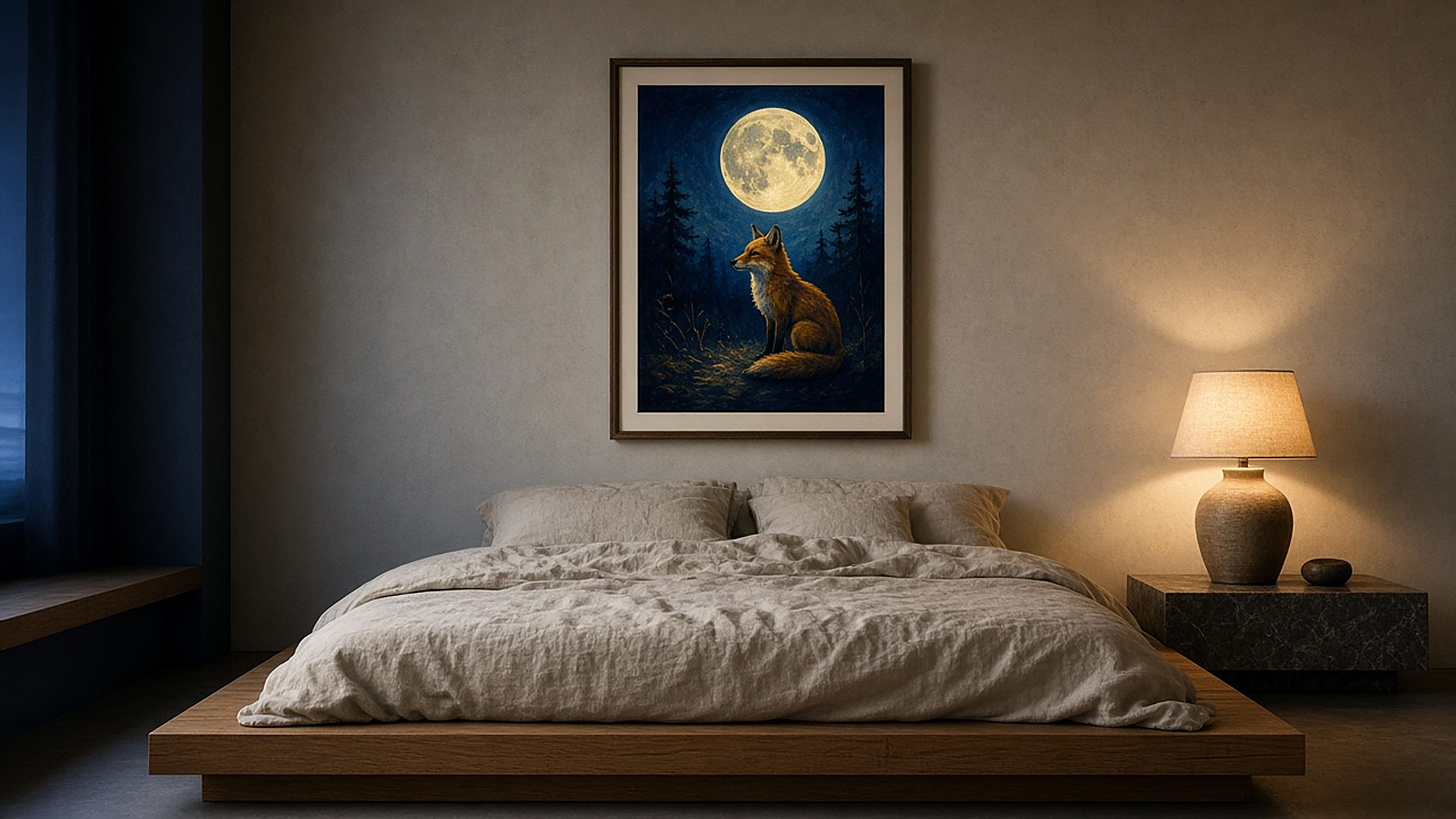Bedroom with eFrame showing a fox under the moon